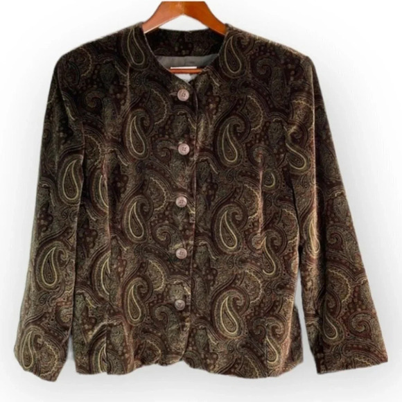 VINTAGE Bianca Nygard Velvet Collarless Blazer Brown Paisley Single Breast 12 - Picture 2 of 12